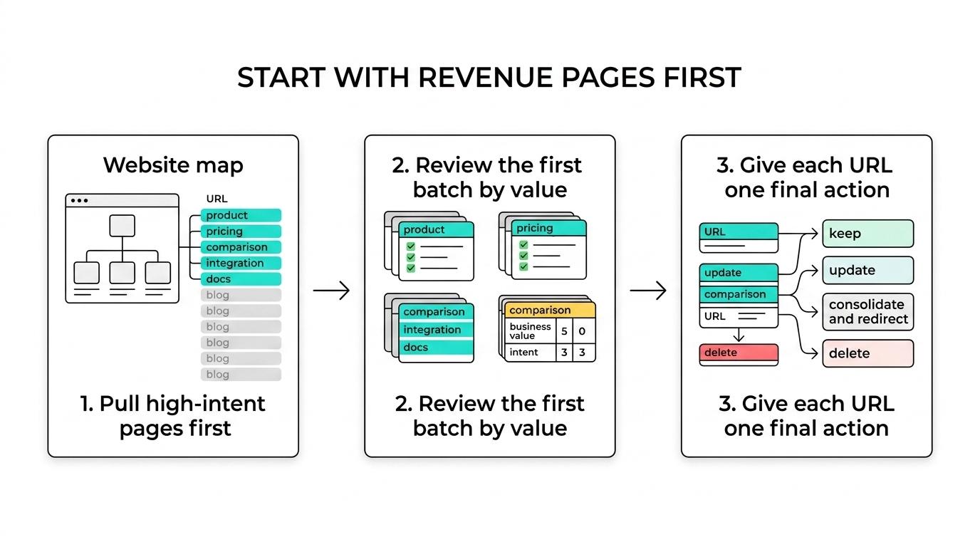 Flowchart showing a SaaS content audit that starts with product, pricing, comparison, integration, and docs pages, then scores quality and ends with keep, update, consolidate, or delete decisions.