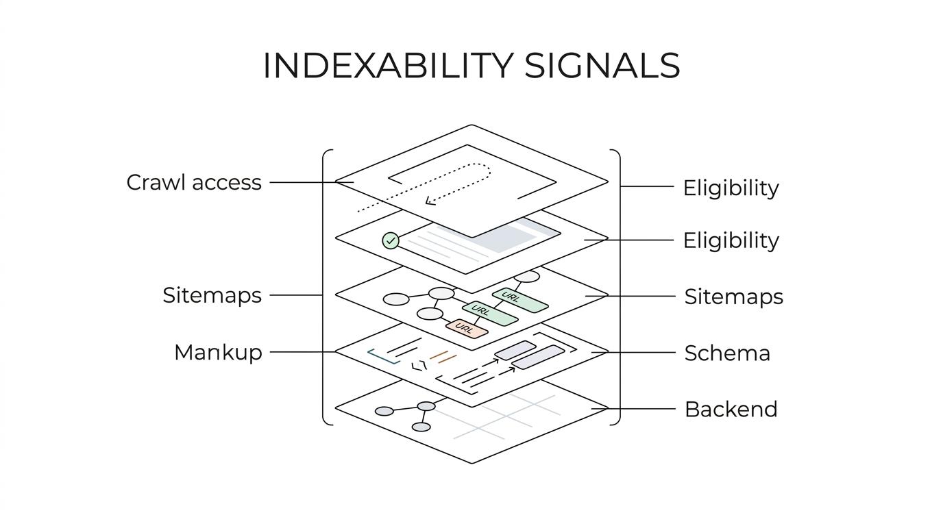 Diagram of an indexability audit showing Search Console diagnostics, robots.txt, sitemaps, schema, backend access, and AI visibility signals connected to page discovery and indexing.