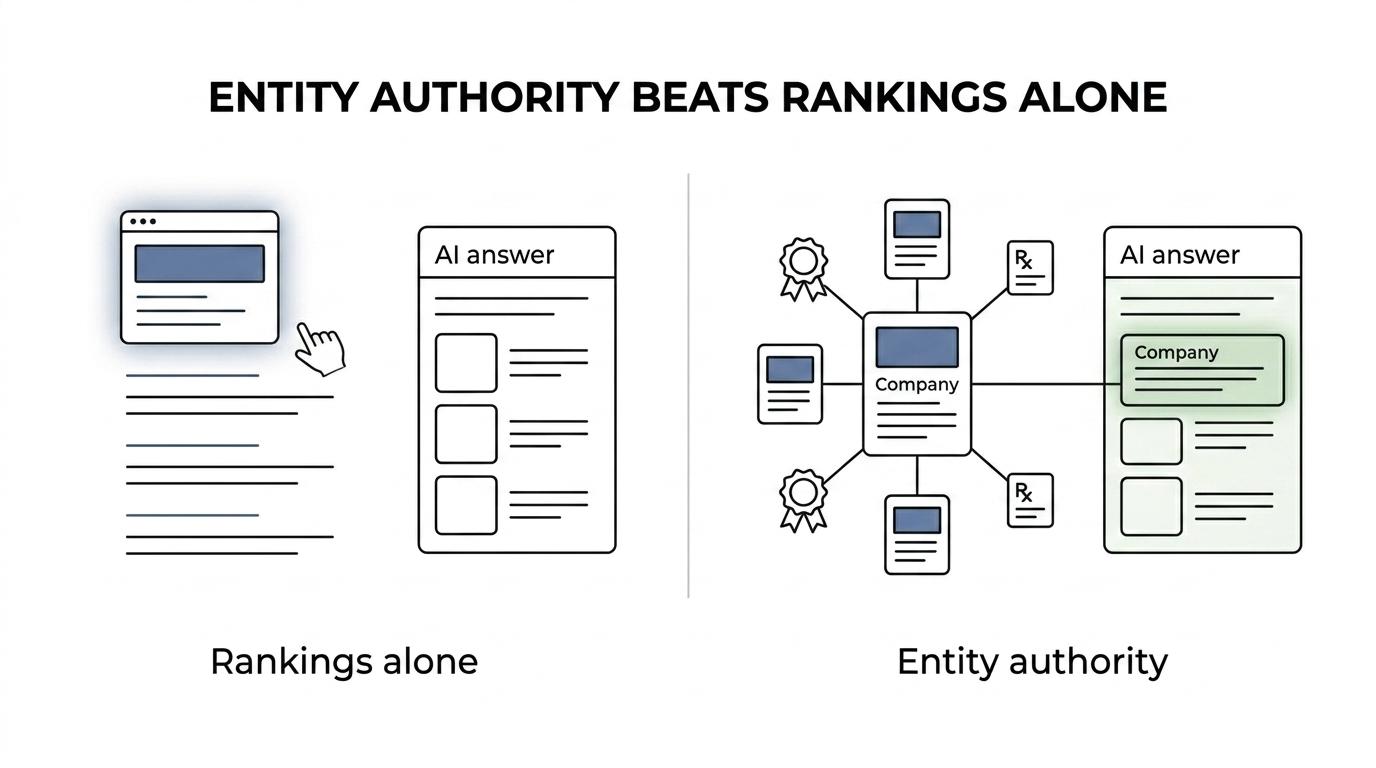Side-by-side comparison of ranking-focused SEO versus entity-authority AI search, showing rankings on one side and citations, trusted sources, and commercial discovery on the other.