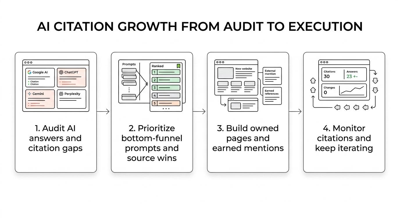 A step-by-step flow showing search intelligence moving from AI answer audits to content and authority improvements, ongoing monitoring, and pipeline outcomes.