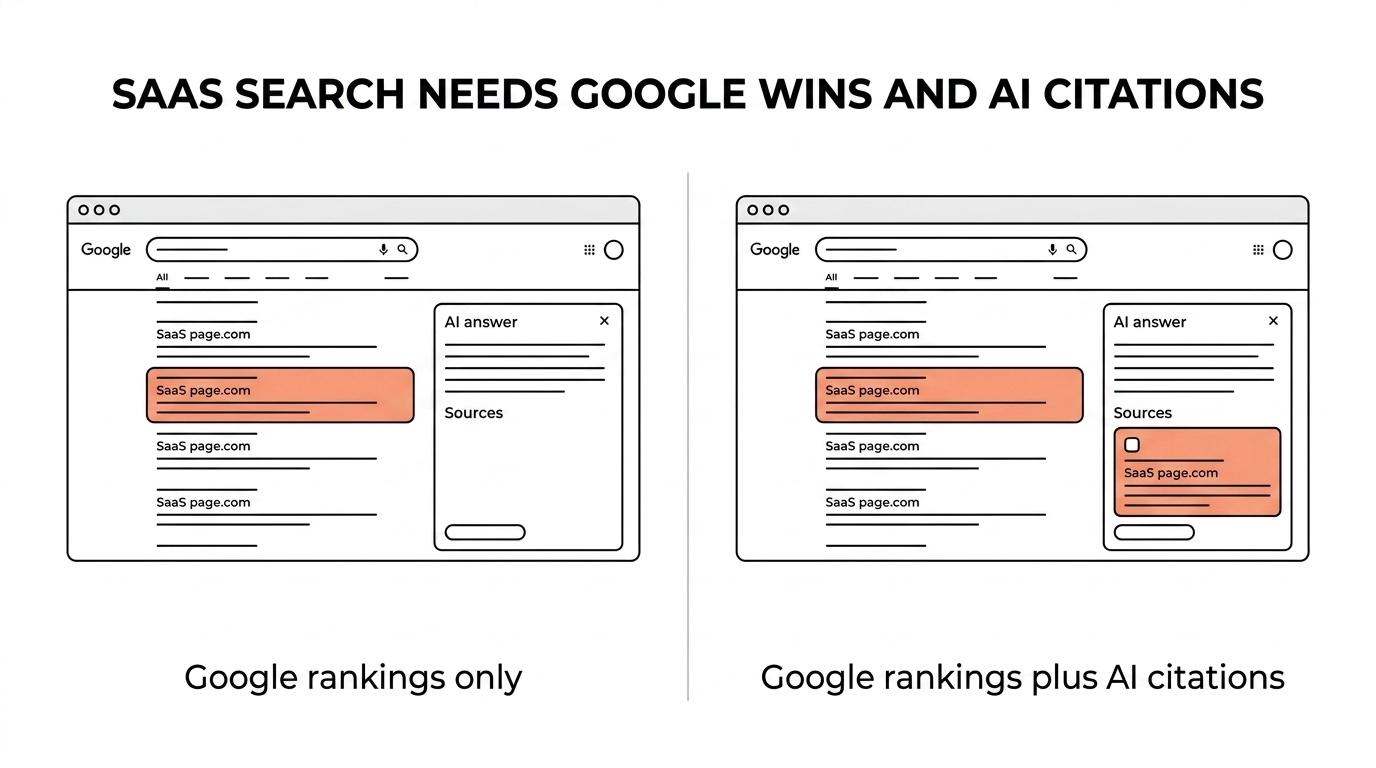 Side-by-side comparison of a traditional Google-only SEO approach and a modern SaaS search strategy built for Google results and AI answer engines.