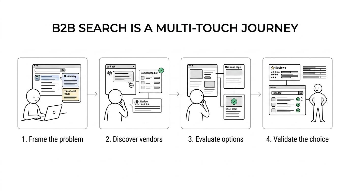 Flow diagram showing a B2B buyer moving from problem framing in Google and AI answers to vendor discovery, product evaluation, validation, and a demo request.