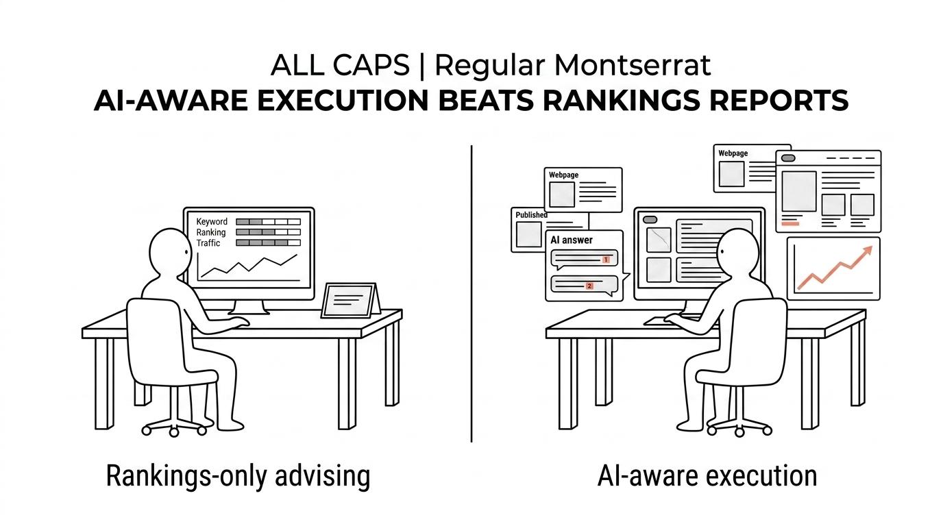 Side-by-side comparison of a typical SEO consultant model versus Austin Heaton’s revenue-focused SEO and AEO advisory approach.