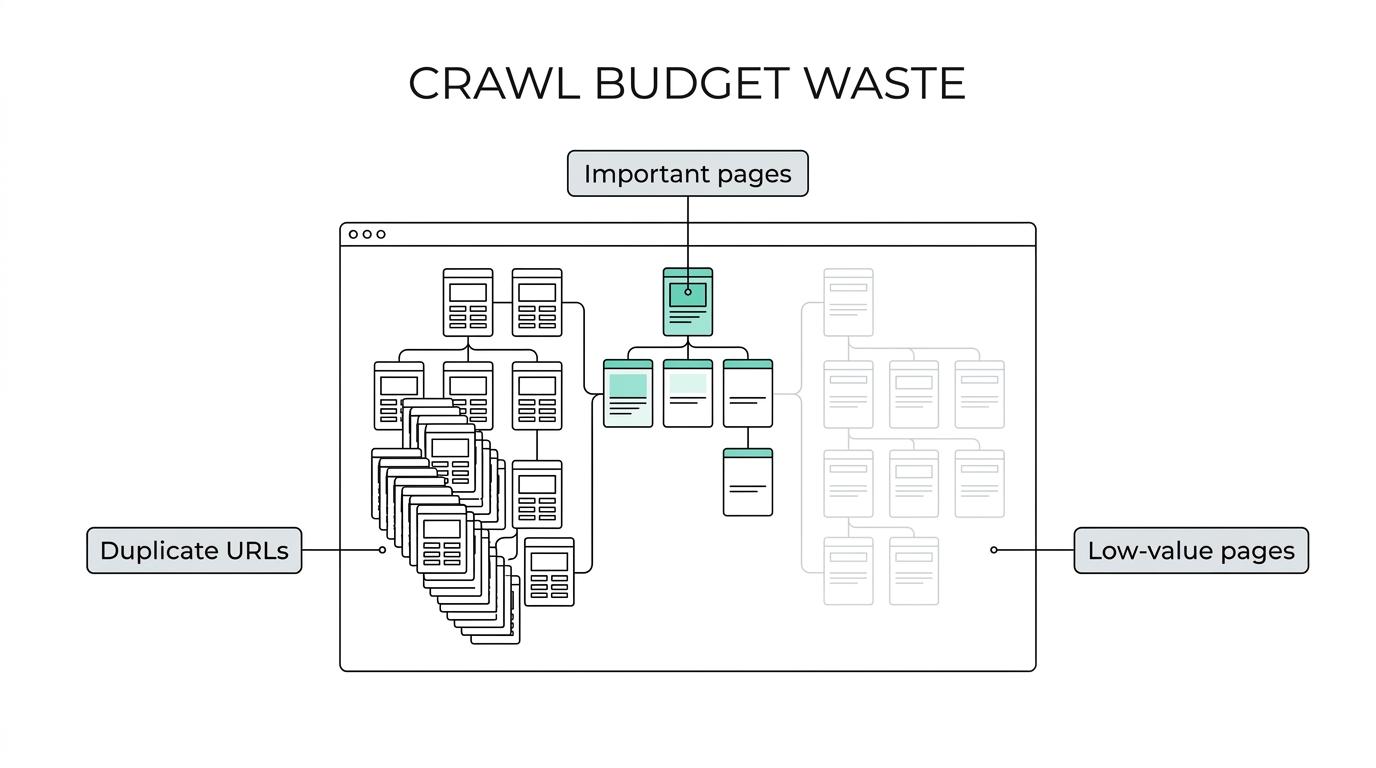 Labeled diagram of an enterprise SaaS site showing crawl budget split between crawl demand, crawl capacity, high-value pages, and wasteful duplicate URL patterns.