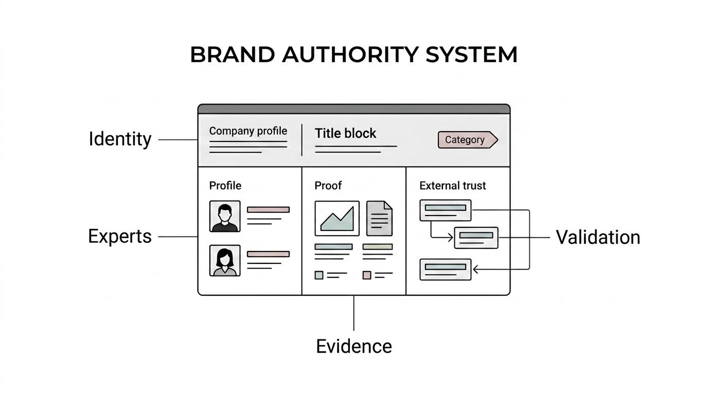 Diagram showing brand authority at the center connected to identity, experts, evidence, topical focus, structured data, and external validation.