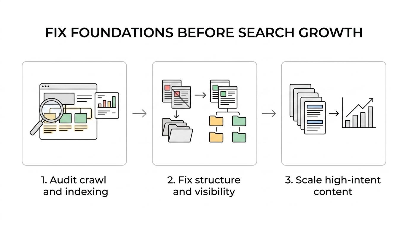 A step-by-step search growth process moving from audit and indexing fixes to bottom-funnel content, authority building, AI visibility, and pipeline results.