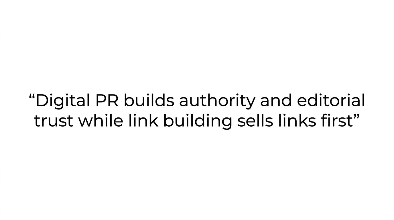 Highlighted quote stating that a digital PR consultant sells authority and editorial trust, while a link building agency sells links first.
