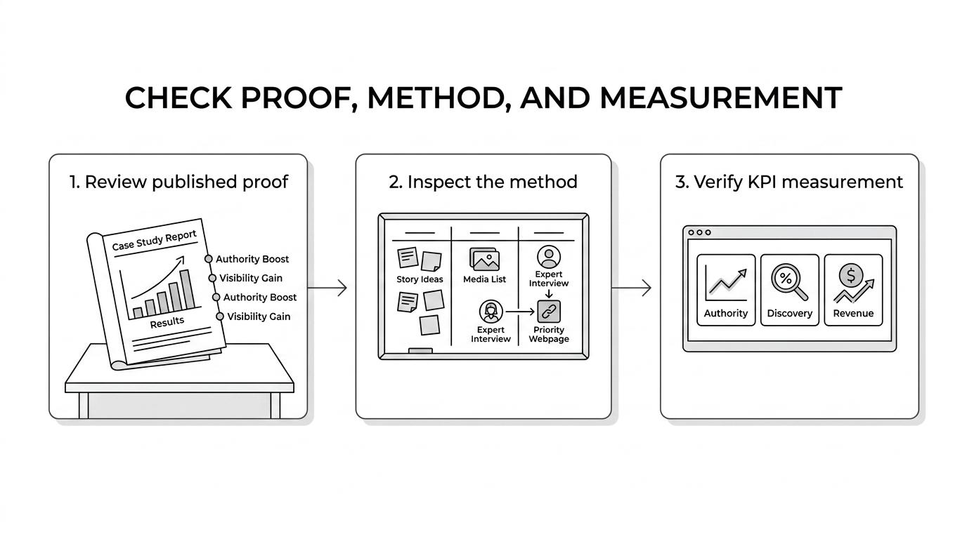 Three-step process for evaluating a B2B digital PR consultant: evidence, method, and measurement.
