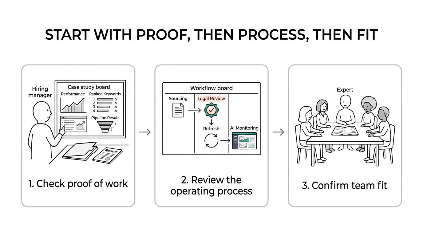 Step-by-step flow showing how a B2B fintech team vets an SEO expert through proof of work, review process, AI search readiness, and operating model.