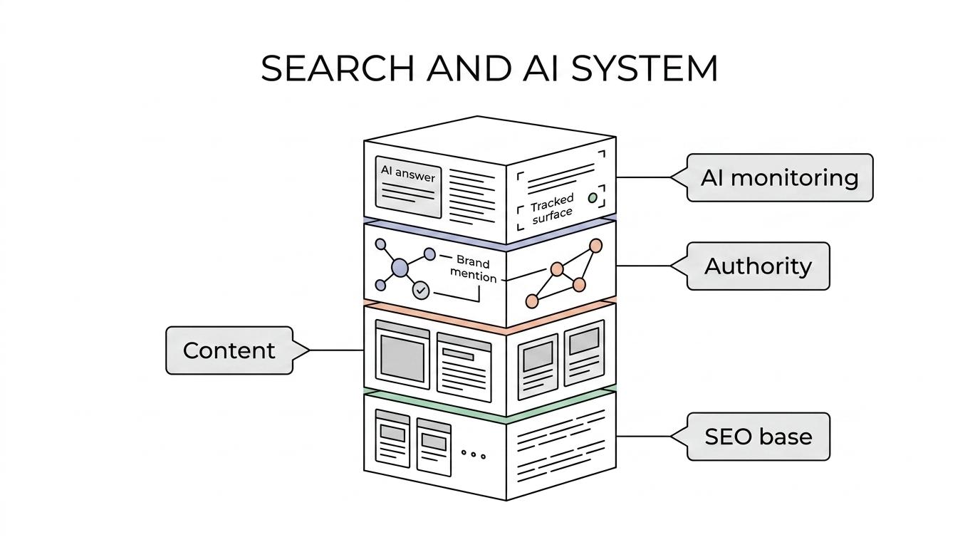 Diagram showing a B2B search growth system with connected parts for SEO foundation, commercial content, authority building, AI visibility monitoring, and search leadership.