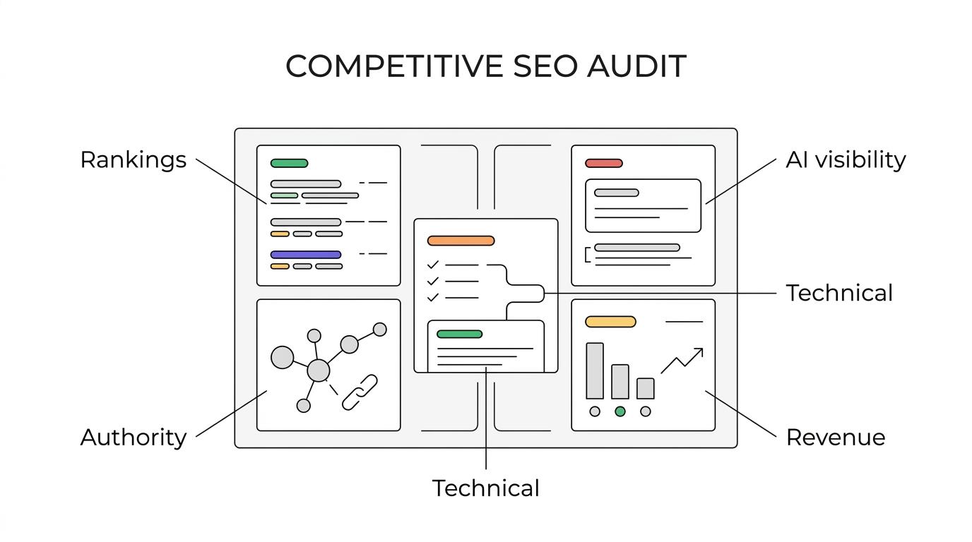 Diagram showing the main parts of a SaaS competitor SEO analysis: SERP share, content gaps, AI visibility, technical eligibility, authority patterns, and revenue priorities.