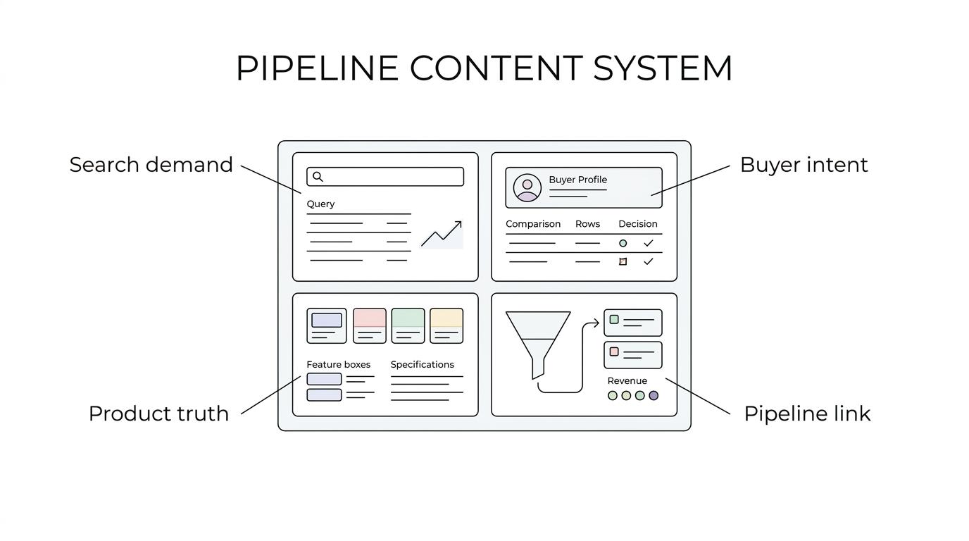 Diagram showing how a B2B SaaS content consultant connects buyer research, product knowledge, search demand, content architecture, and revenue outcomes.