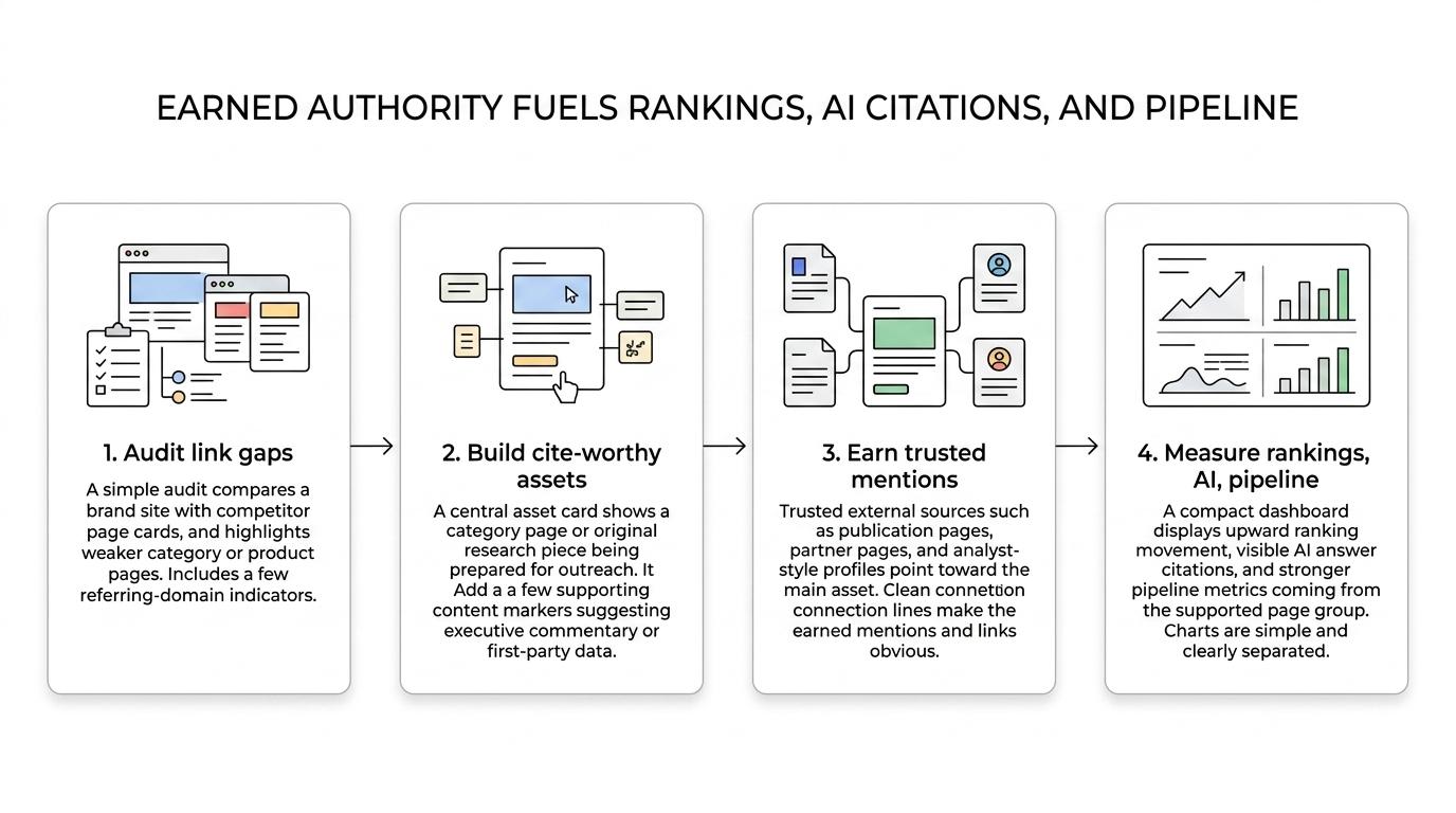 Flowchart showing a B2B off-page SEO process from asset selection and outreach to earned links, authority flow to commercial pages, search rankings, AI mentions, and pipeline results.