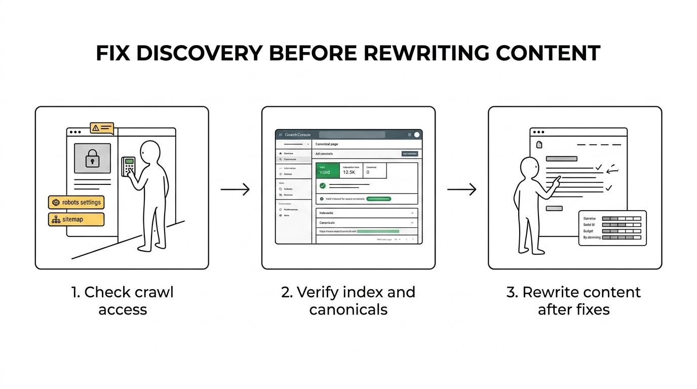 A step-by-step content audit flow from crawl and index checks to content quality, entity authority, and a 90-day action plan.