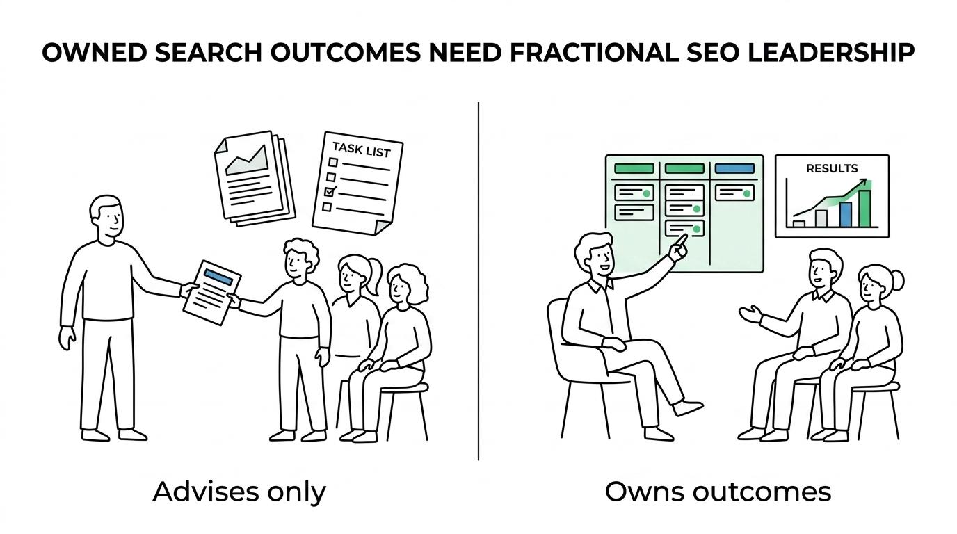 Side-by-side comparison of an SEO consultant and a fractional head of SEO across scope, ownership, execution, and measurement.