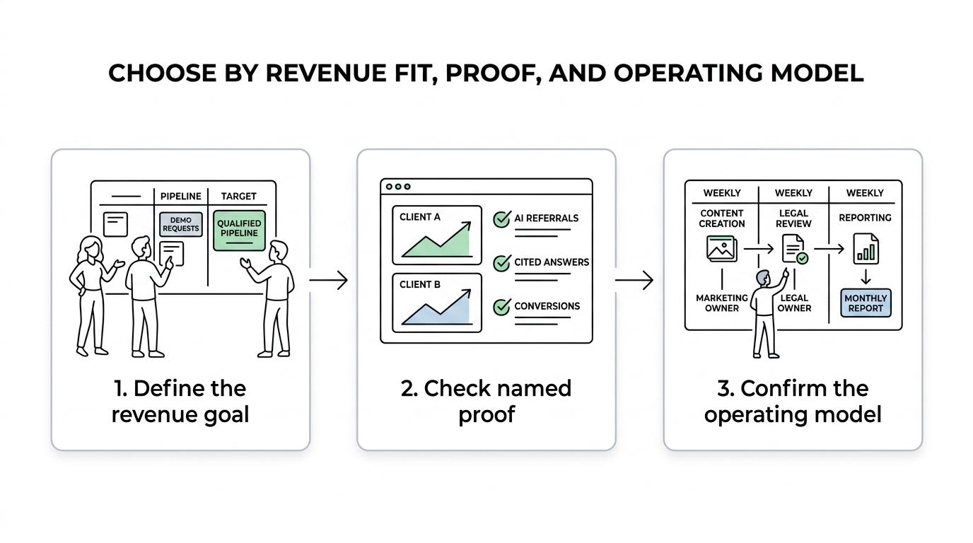 A three-step process for choosing a fintech AI search consultant: define the revenue goal, review proof beyond rankings, and confirm the operating model and reporting.