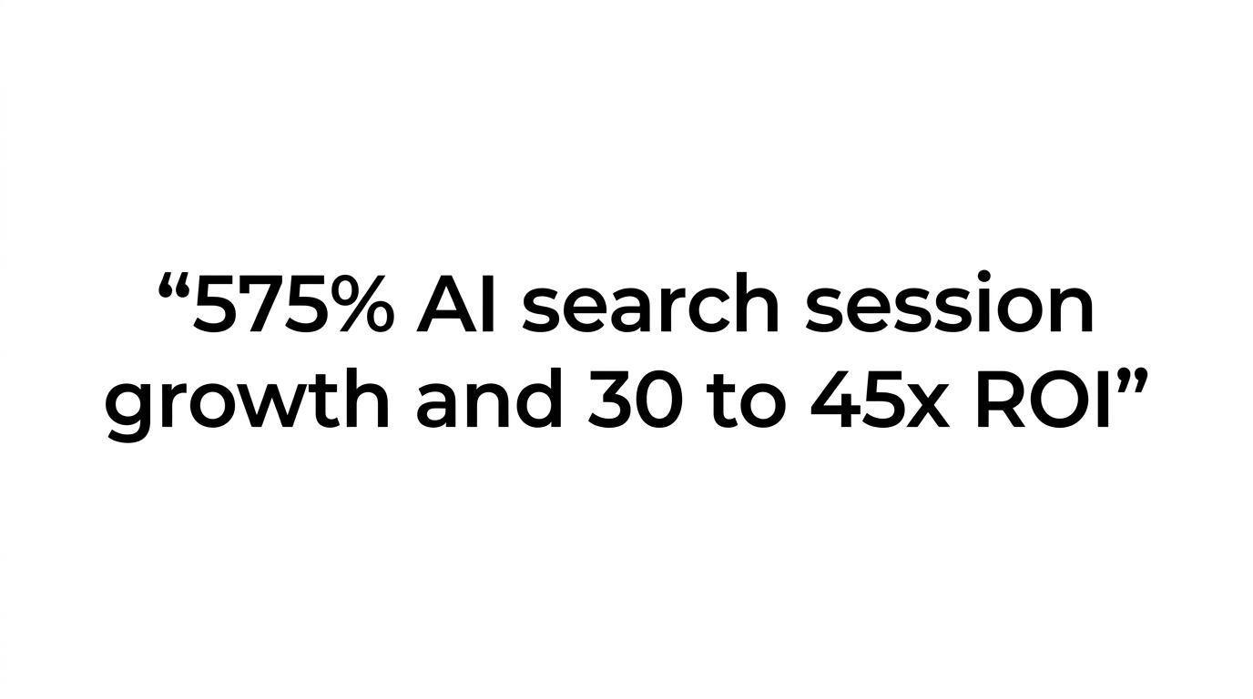 Highlighted quote featuring published results of 575 percent AI search session growth and 30 to 45 times ROI.