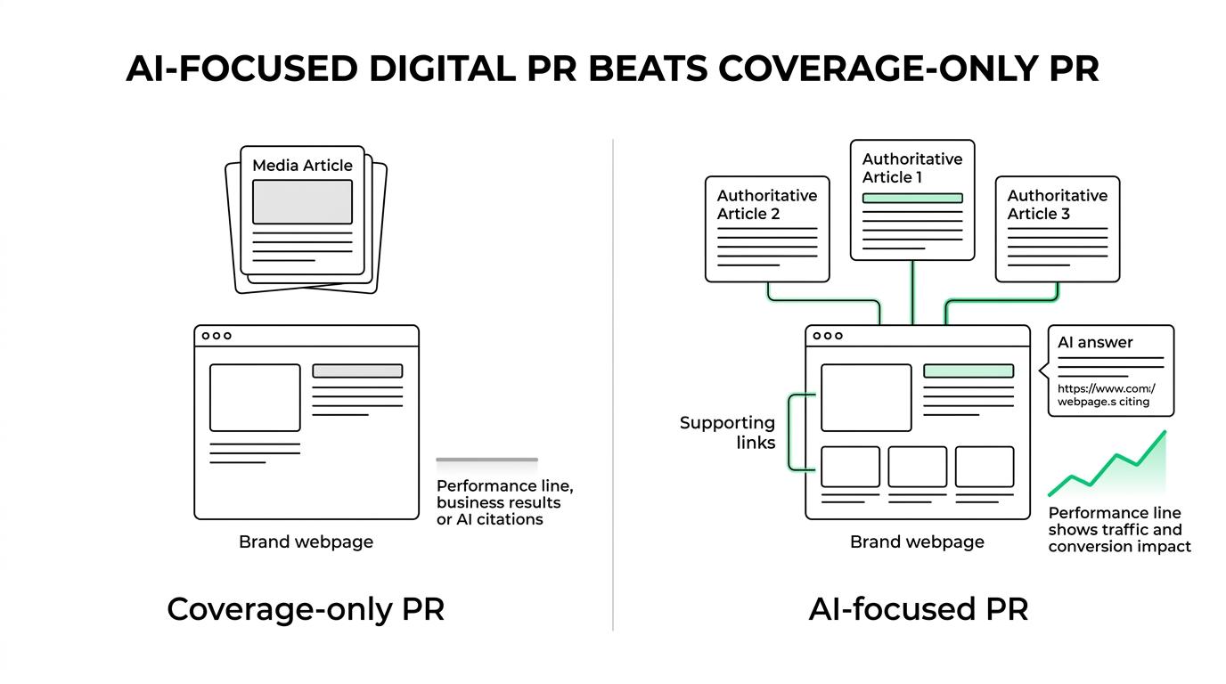 Side-by-side comparison of traditional digital PR focused on media coverage versus AI-focused digital PR built around authority signals, supporting links, citations, and revenue outcomes.