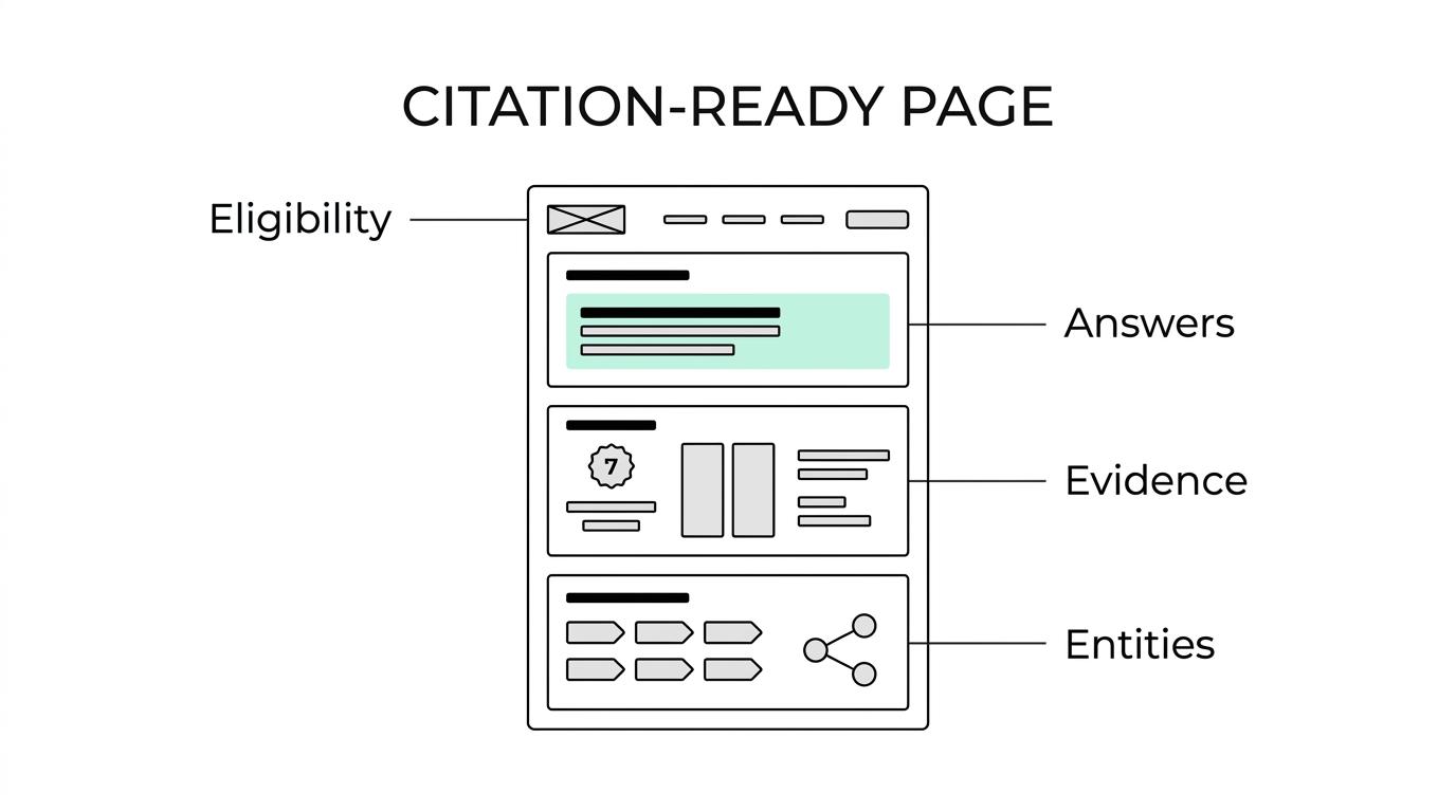Annotated B2B webpage mockup showing a direct answer at the top, clear definitions, supporting numbers, comparison blocks, procedural steps, entity cues, and internal links that make the page easy for AI systems to cite.