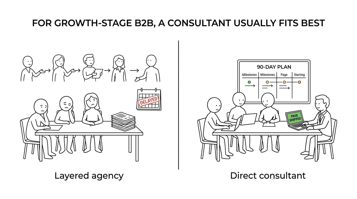 Comparison of AEO consultant models for B2B software, showing when an independent consultant, boutique firm, agency, or fractional search leader fits best.