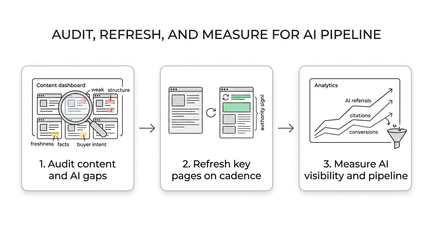 Three-step process showing content audit, publish-and-refresh execution, and tracking of AI referrals, citations, traffic, and conversions.