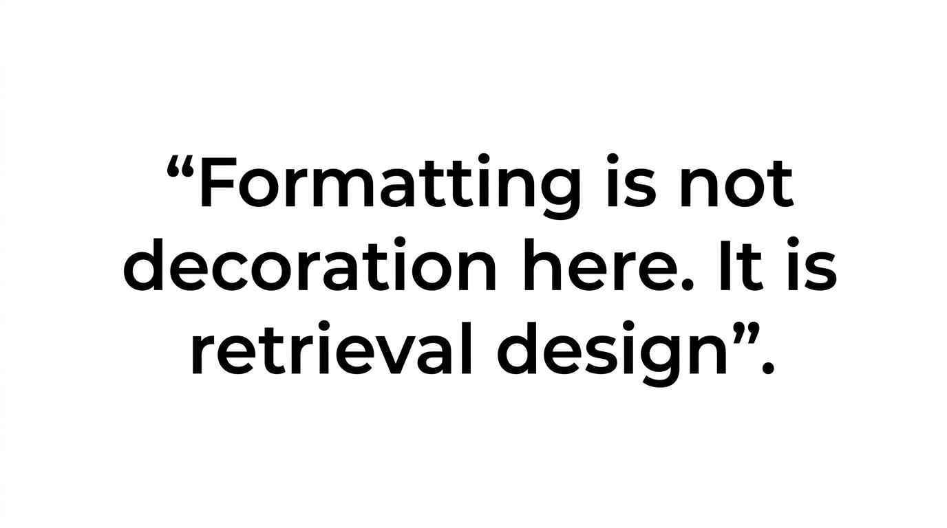 Highlighted quote that reads: 'Formatting is not decoration here. It is retrieval design.'