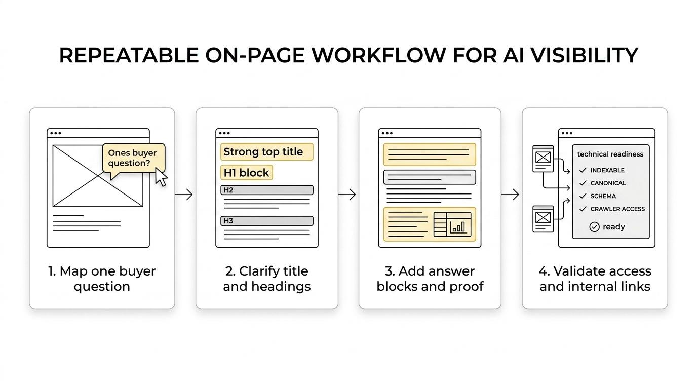 Seven-step on-page SEO workflow for AI search, from defining the buyer question to strengthening internal links.