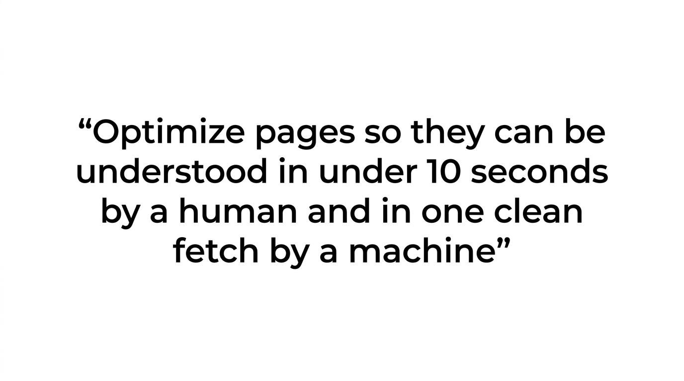 Quote highlight featuring the rule about being understood in under 10 seconds by a human and in one clean fetch by a machine.