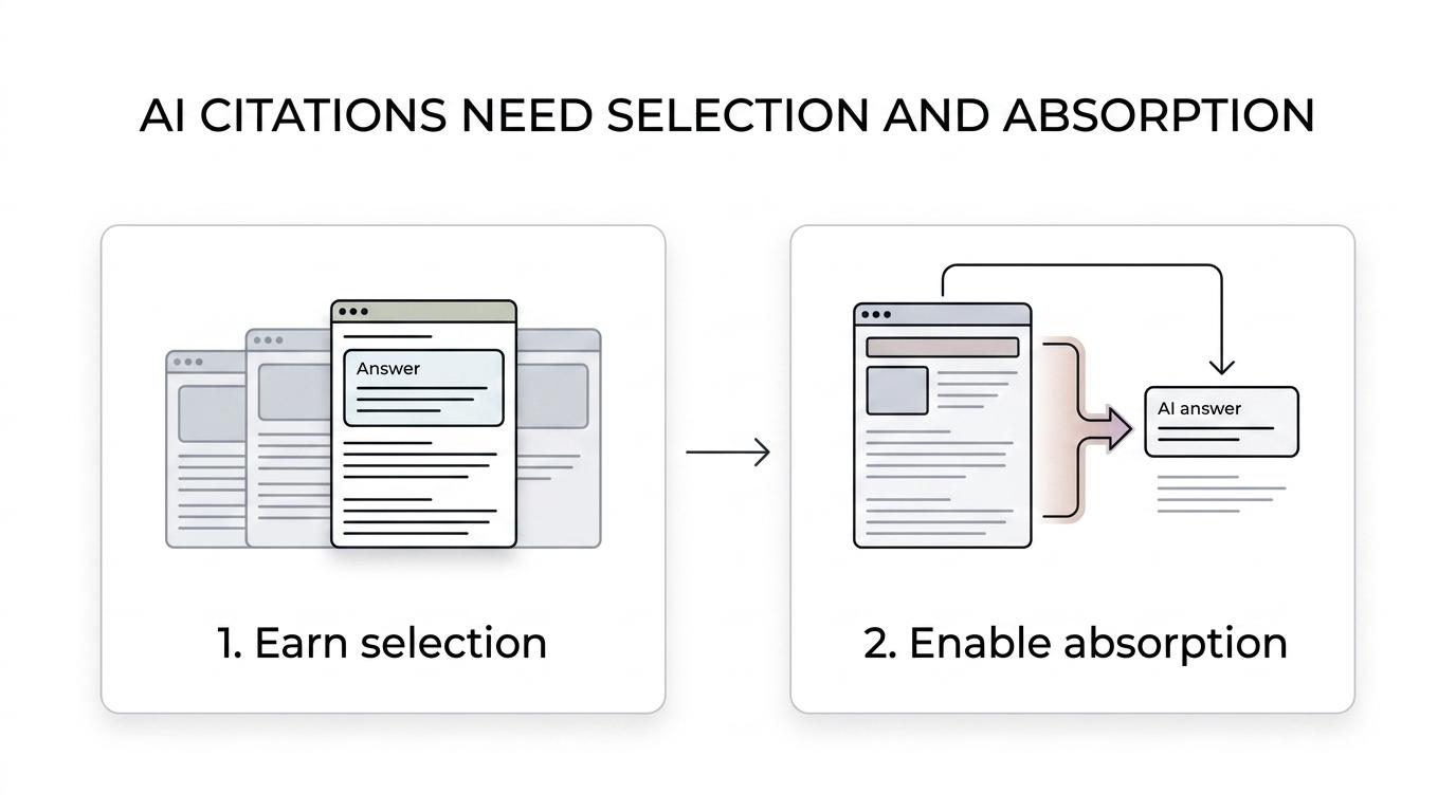 Flow diagram showing AI citation selection first, then citation absorption, with content structure and technical access influencing each stage.