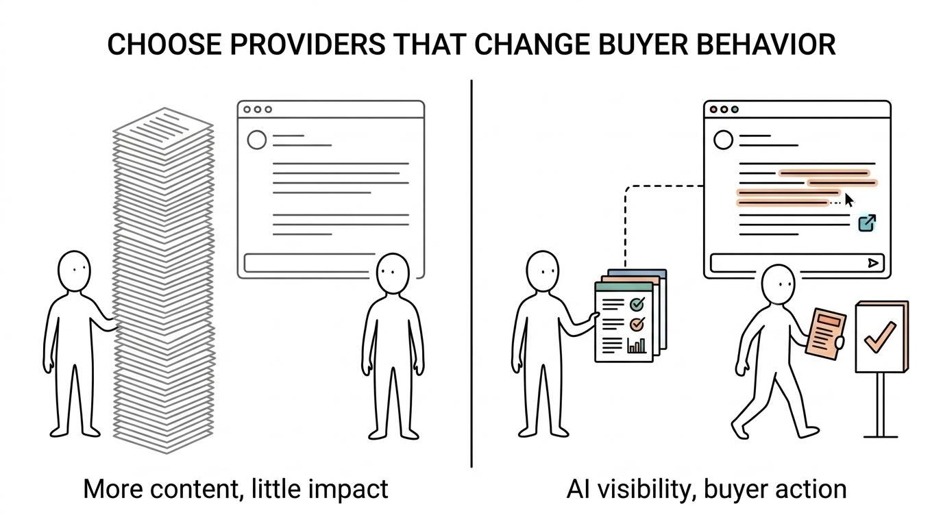 Side-by-side comparison of generic AI messaging providers and revenue-focused ChatGPT optimization providers across proof, scope, metrics, and business outcomes.