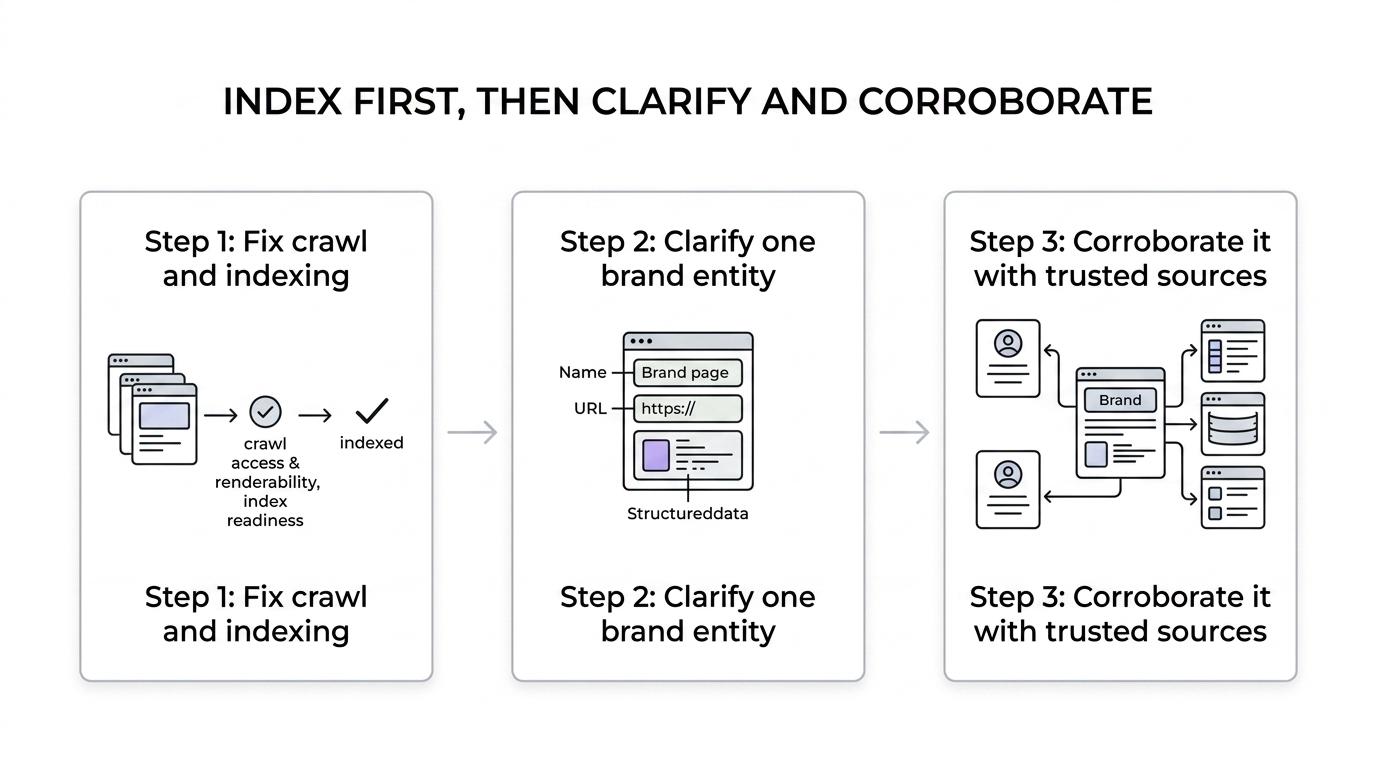 A five-step process showing crawlability and indexing first, followed by entity definition, stronger revenue pages, citation-ready content, and external authority signals.
