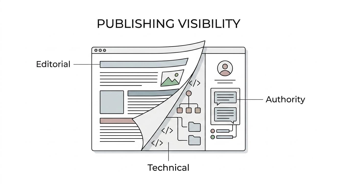 Diagram of a publication’s SEO and AI visibility system with connected parts like topic authority, article templates, structured data, archives, authors, and AI search surfaces.