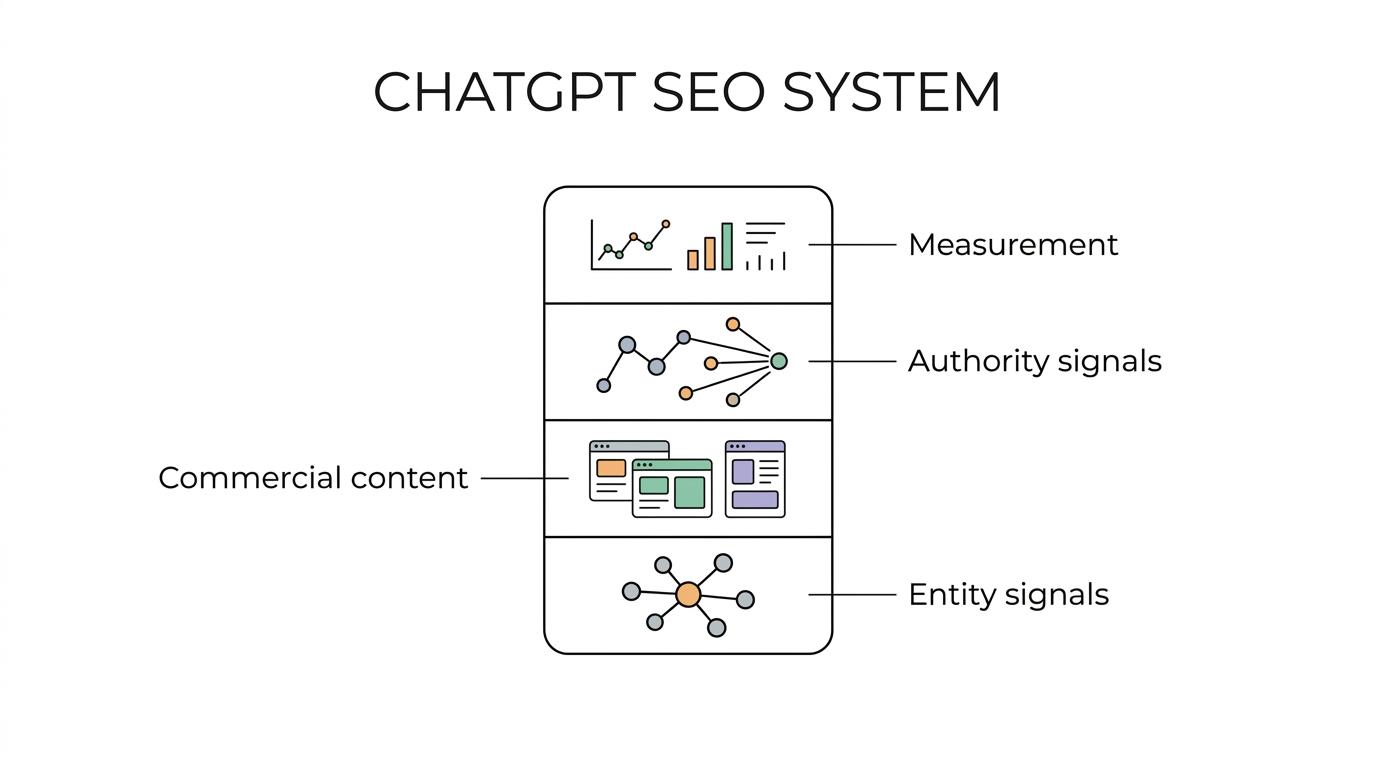 Diagram showing a ChatGPT SEO system made up of entity authority, commercial content, authority building, and measurement working together to drive citations and conversions.