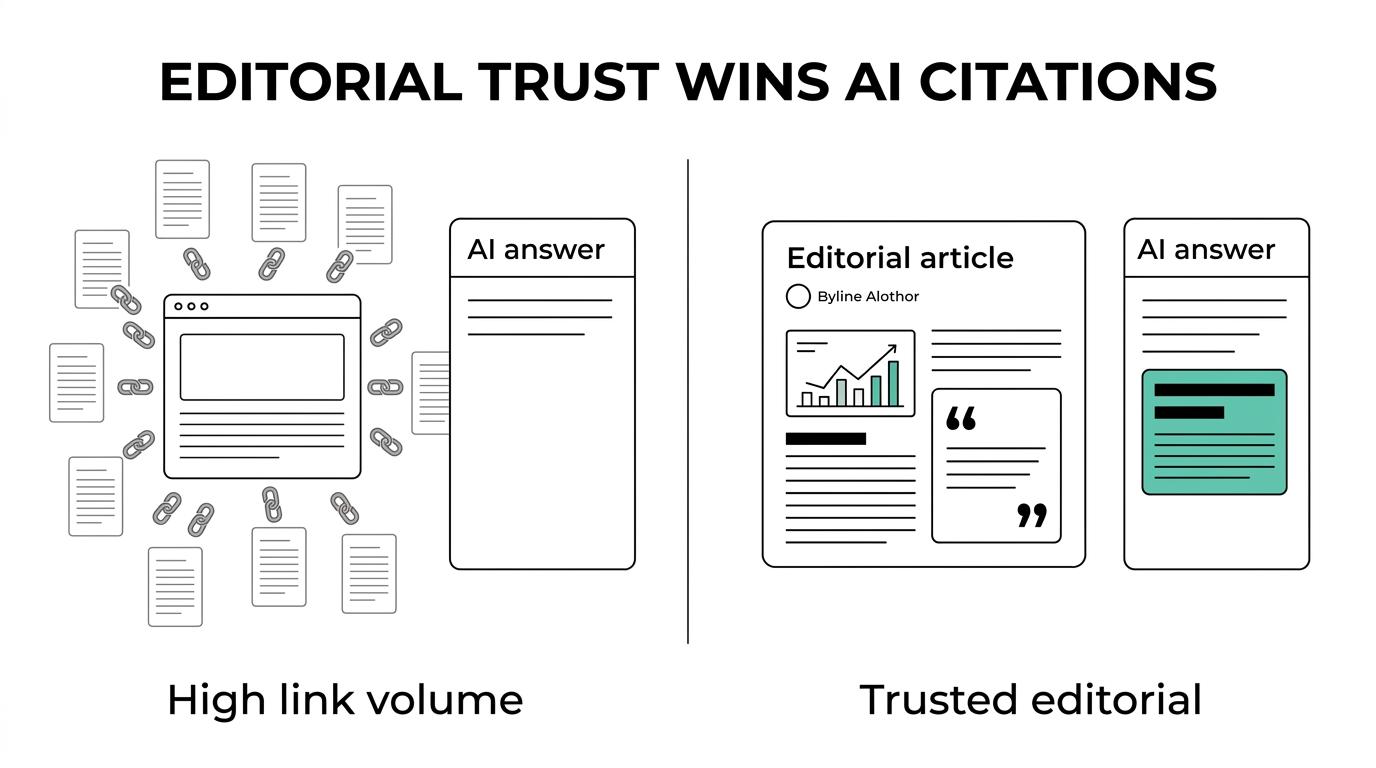 Side-by-side comparison of digital PR and traditional link building for AI search authority, showing editorial coverage and citations on one side and volume-focused link tactics on the other.