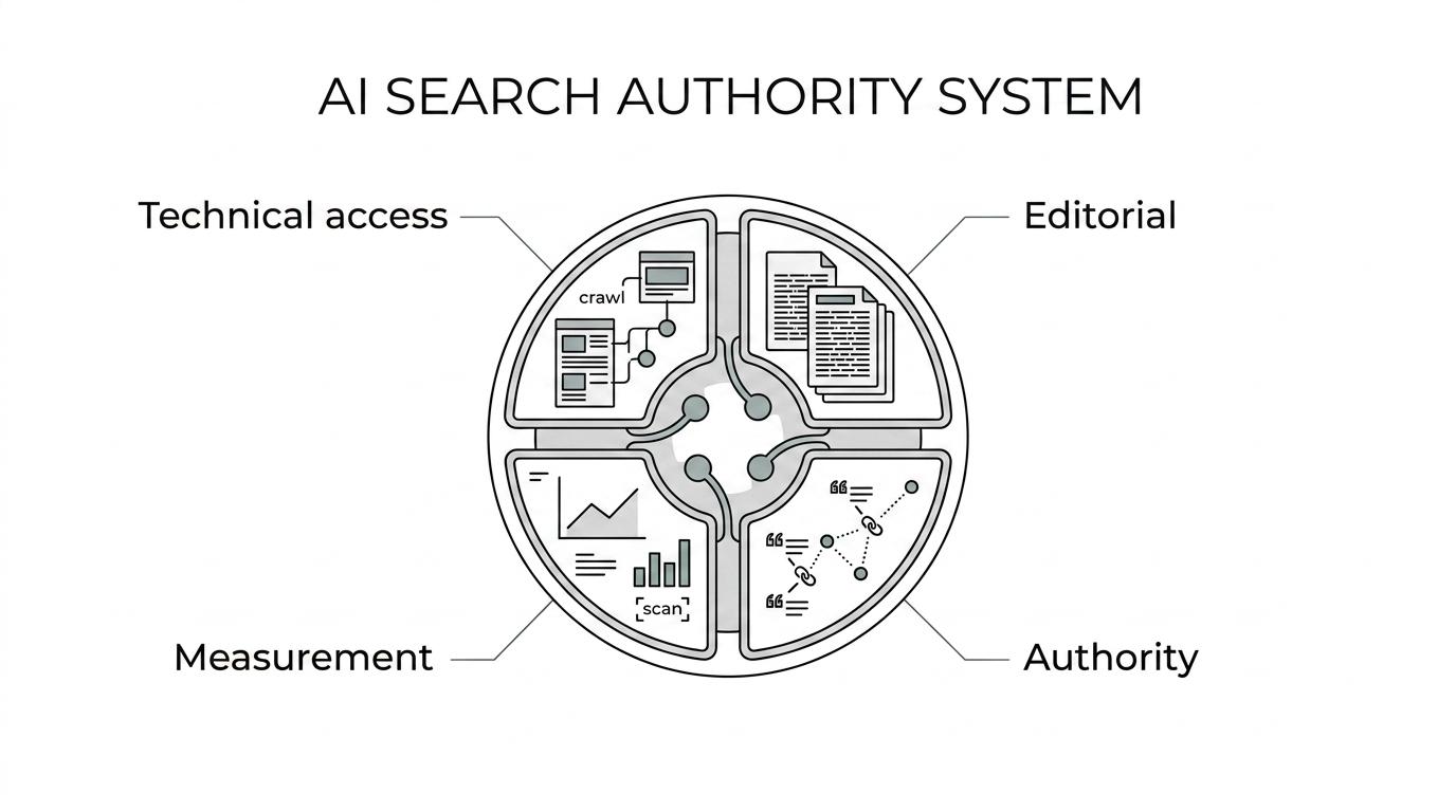Diagram of an AI search authority system connecting entity authority, content strategy, digital PR, backlinks, technical accessibility, and LLM monitoring to citations, clicks, and pipeline.