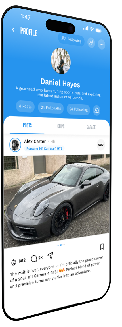 Smartphone screen showing Daniel Hayes' profile on a social media app featuring his follower stats and a post by Alex Carter with a photo of a grey 2024 Porsche 911 Carrera 4 GTS parked on a street.