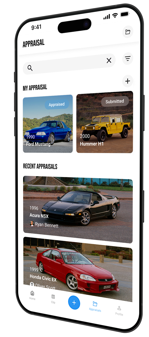 Mobile app screen showing car appraisals with images and details of a 1990 blue Ford Mustang, 2000 yellow Hummer H1, 1996 black Acura NSX appraised by Ryan Bennett, and 1999 red Honda Civic EX appraised by Oliver Scott.