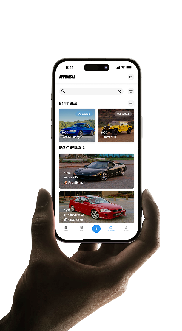 Hand holding smartphone displaying car appraisal app with listings for 1990 Ford Mustang, 2000 Hummer H1, 1996 Acura NSX by Ryan Bennett, and 1999 Honda Civic EX by Oliver Scott.