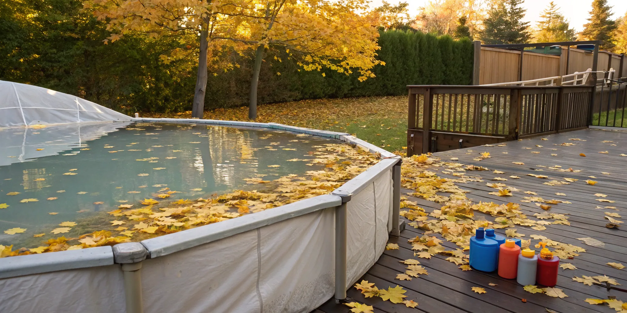Essential winterizing chemicals sitting on the deck of an above ground pool.