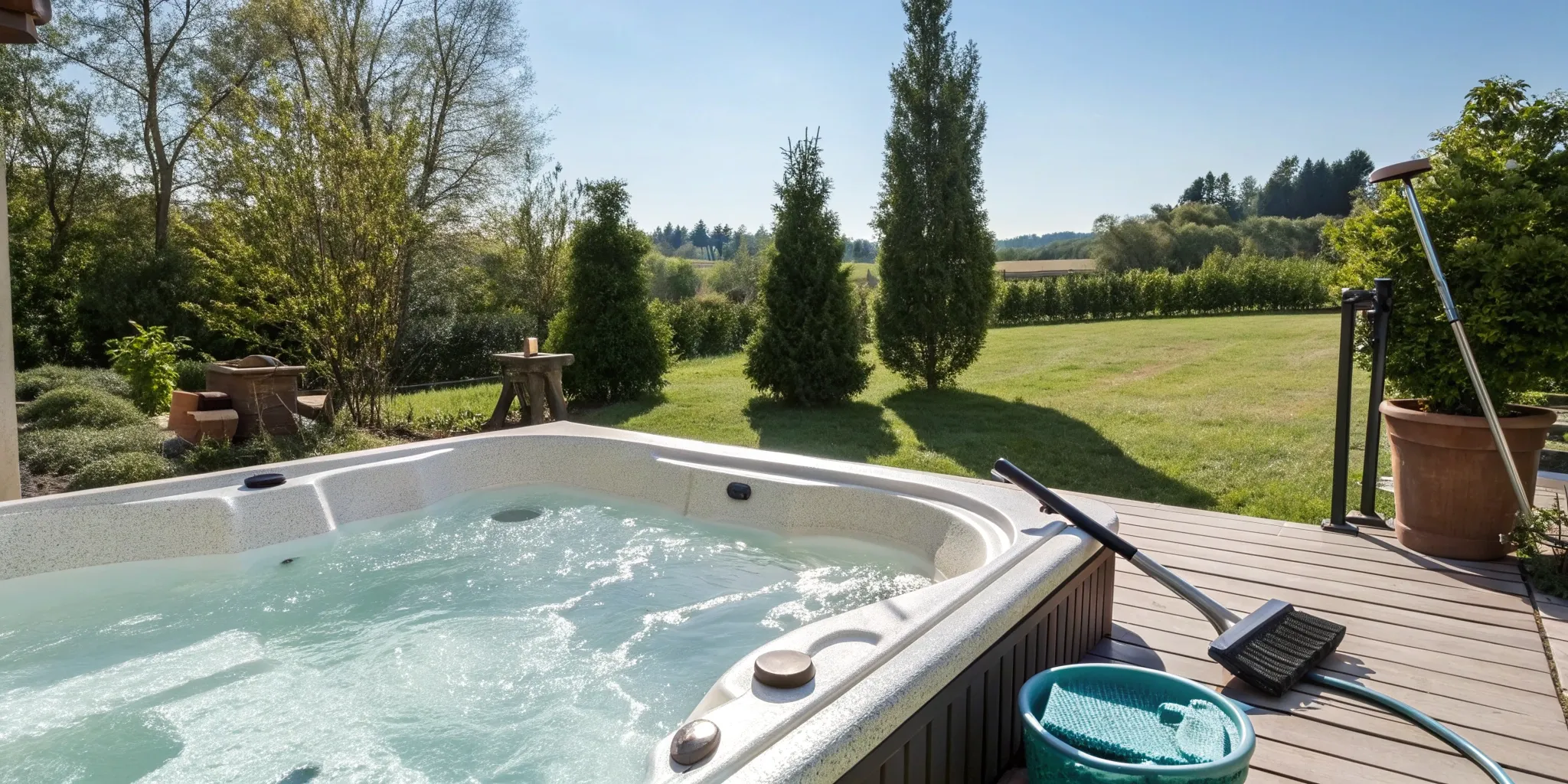 Scrubbing an empty hot tub with a brush as part of a deep cleaning routine.