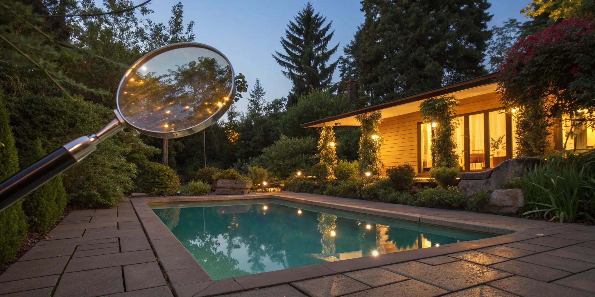 A magnifying glass inspecting a swimming pool for leak detection.