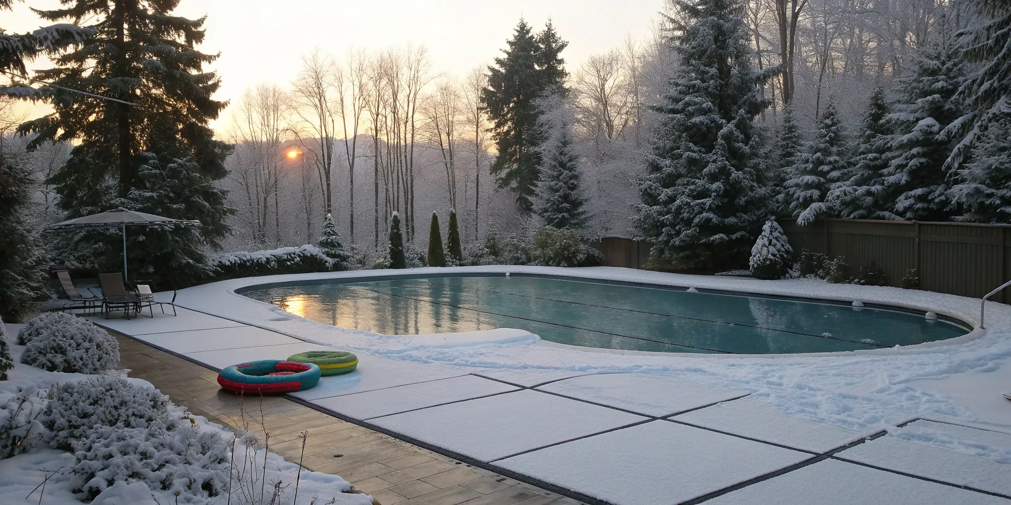 A properly covered swimming pool after winterization, with snow on the deck.