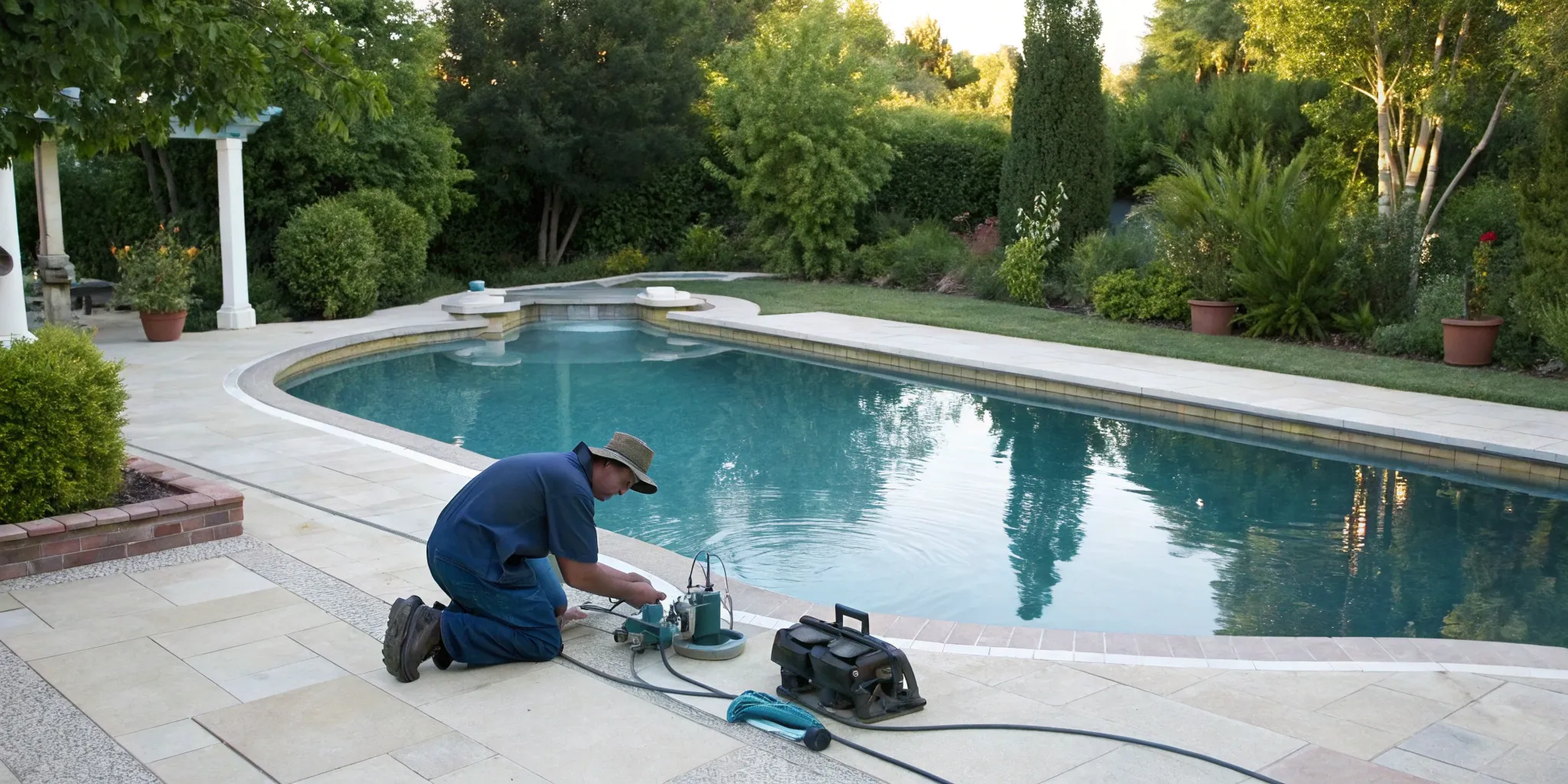 A technician performs a Hayward pool pump repair by a residential swimming pool.