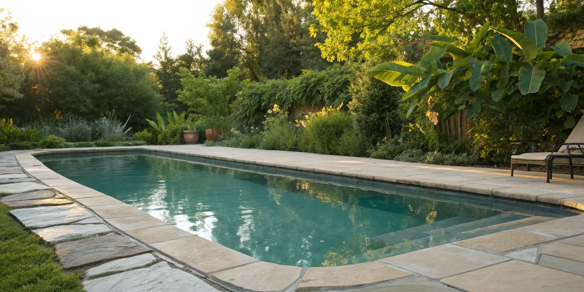 Stone pool coping on a backyard swimming pool after a successful replacement.