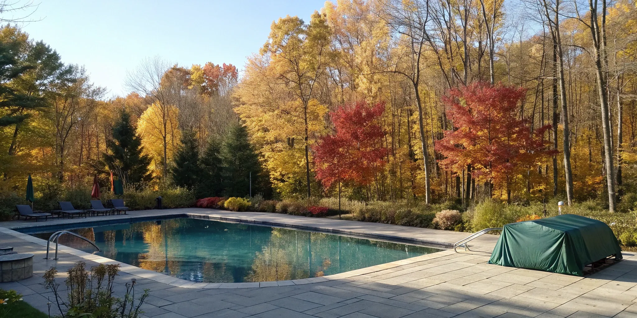 A properly winterized pool with a safety cover on, ready for the cold Colorado winter.