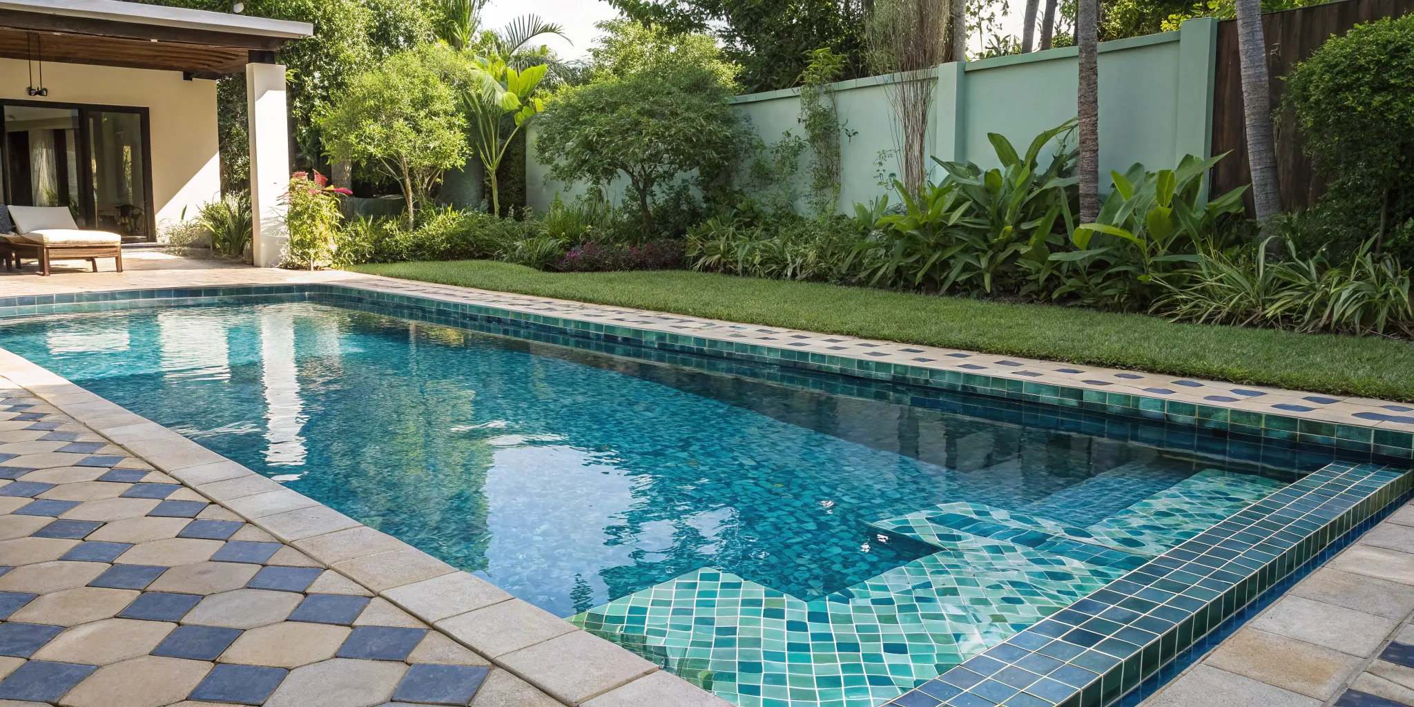 A swimming pool with a new blue tile border after a successful tile replacement.