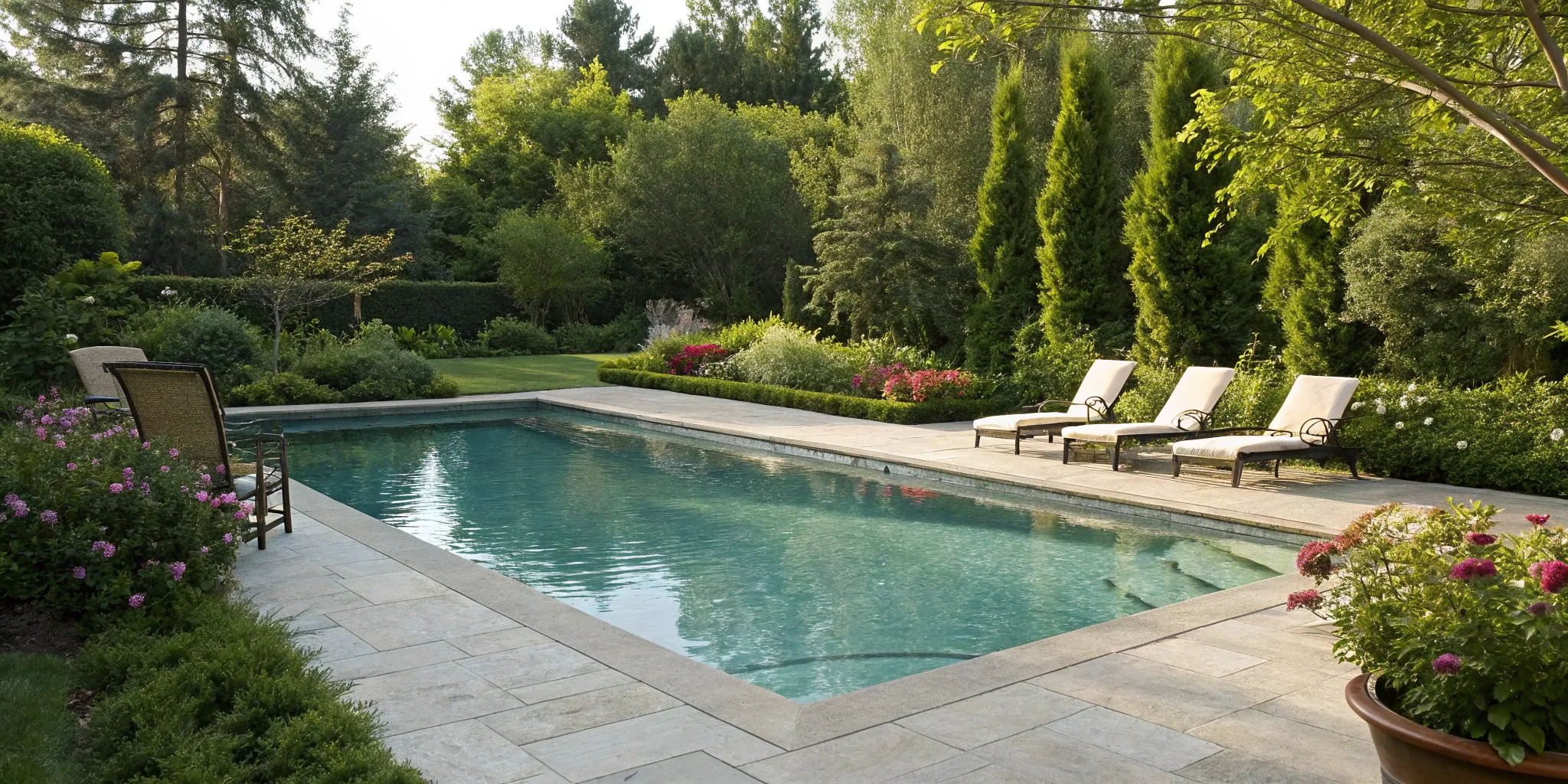 A clean residential pool with a new finish, a primary factor in the cost to replaster.