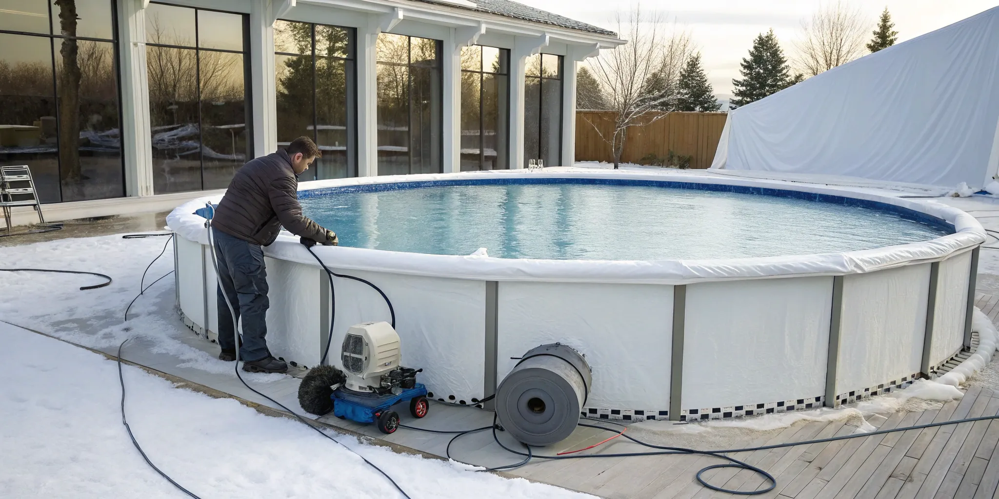 Man showing how to winterize an above ground pool in the snow.