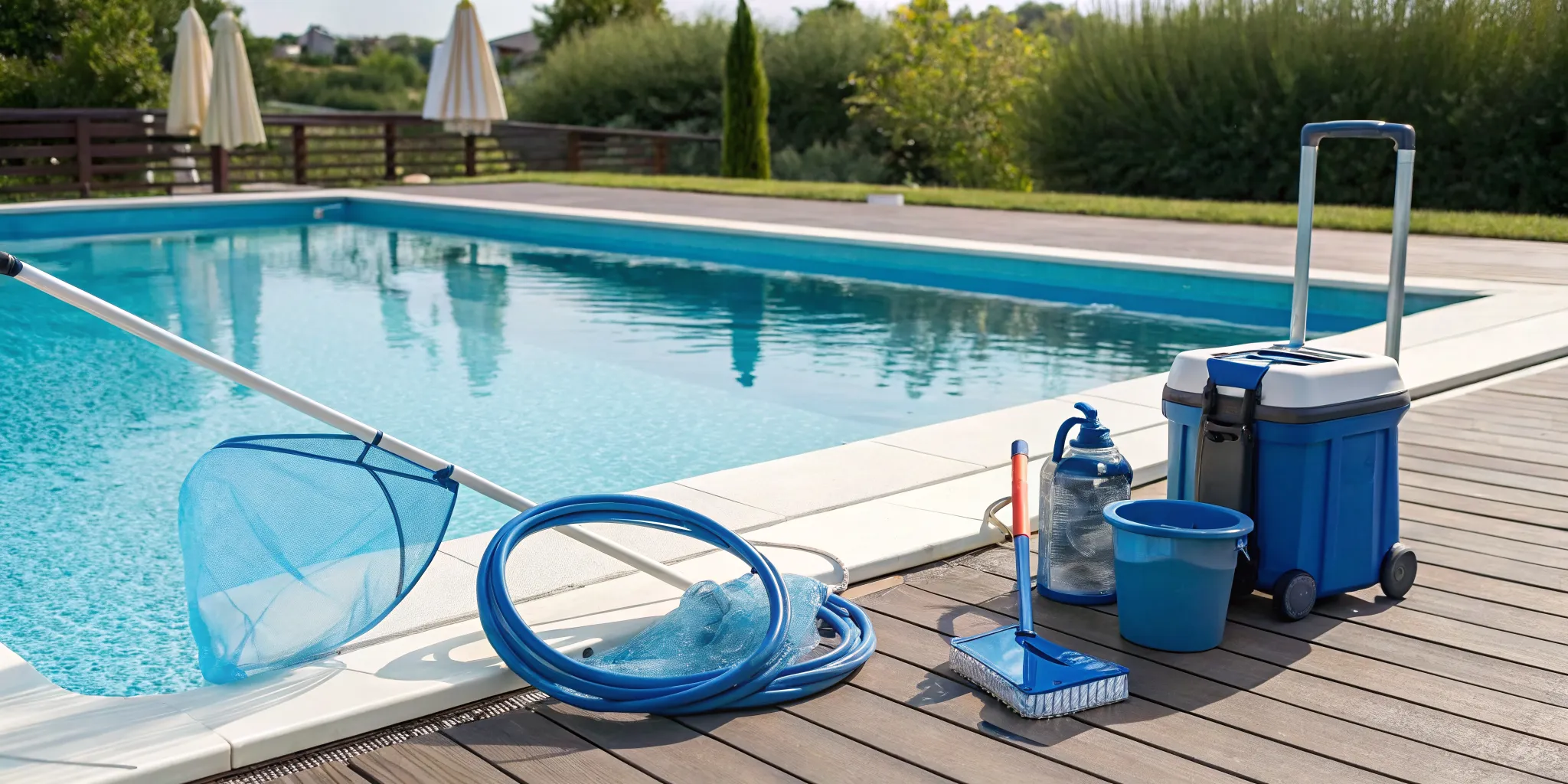Monthly pool maintenance tools and chemicals arranged next to a swimming pool.