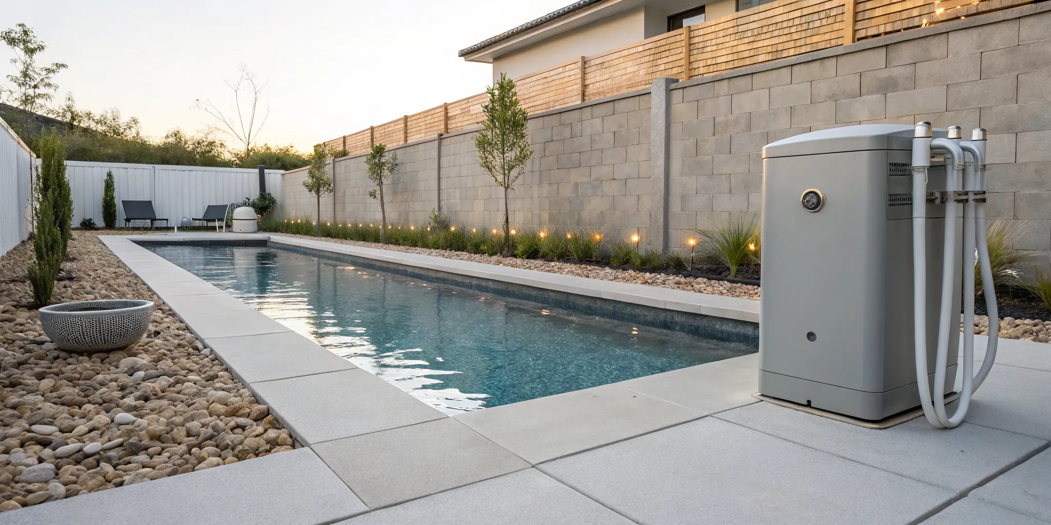 Modern backyard saltwater pool with its new conversion system.